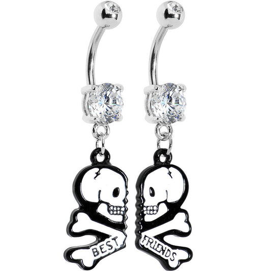Clear Gem Two White Skulls Best Friends Dangle Belly Ring Set