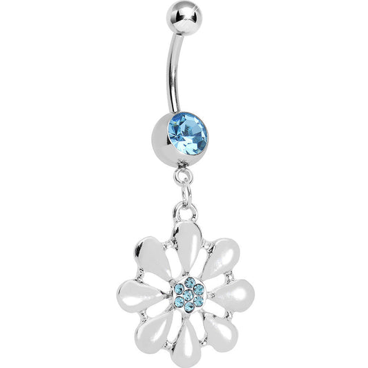 Aqua Gem Pretty White Petals Flower Charm Belly Ring