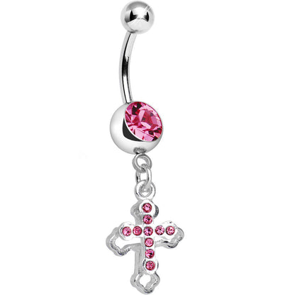 Pink Gem Hollow Cross Charm Double Dangle Belly Ring