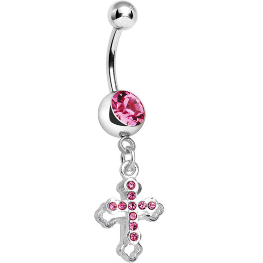 Pink Gem Hollow Cross Charm Double Dangle Belly Ring