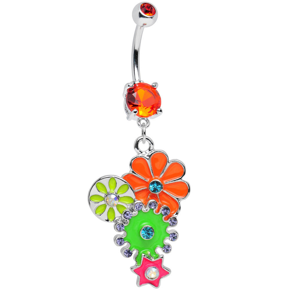 Orange Gem Bunches of Blossoms Colorful Flowers Dangle Belly Ring