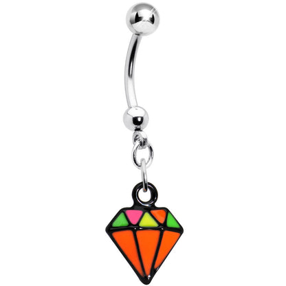 Orange Neon Enamel Diamond Dangle Belly Button Ring