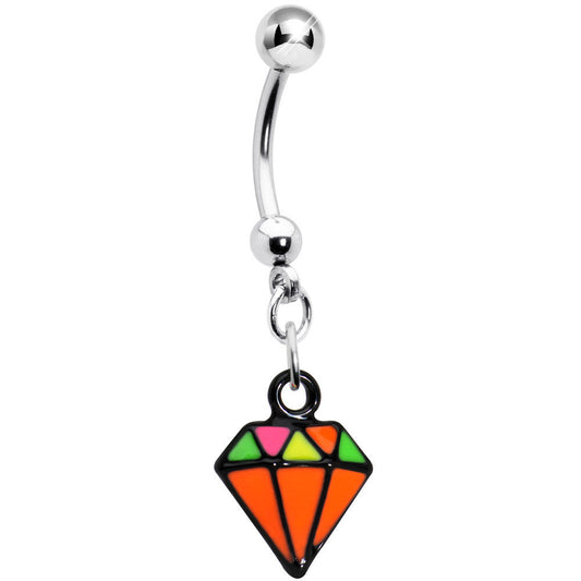 Orange Neon Enamel Diamond Dangle Belly Button Ring