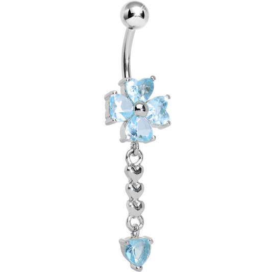 Aqua Gem Four Heart Flower Chain Dangle Belly Ring