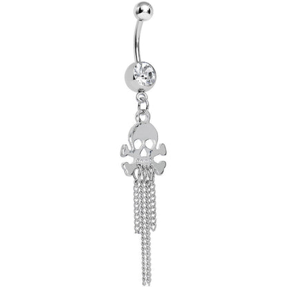 Clear Gem Rattling Chains Skull and Bones Dangle Belly Ring
