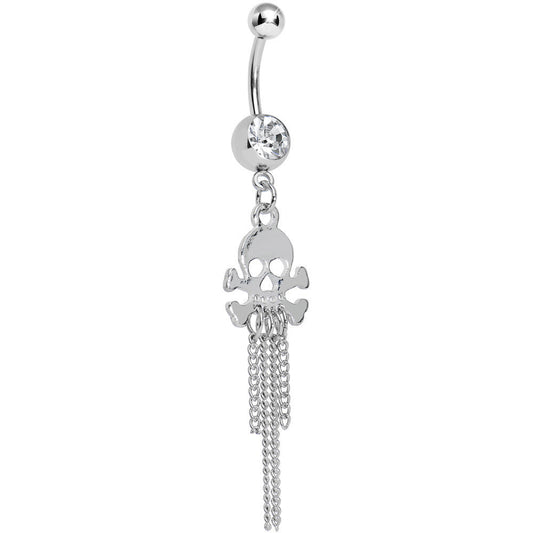 Clear Gem Rattling Chains Skull and Bones Dangle Belly Ring