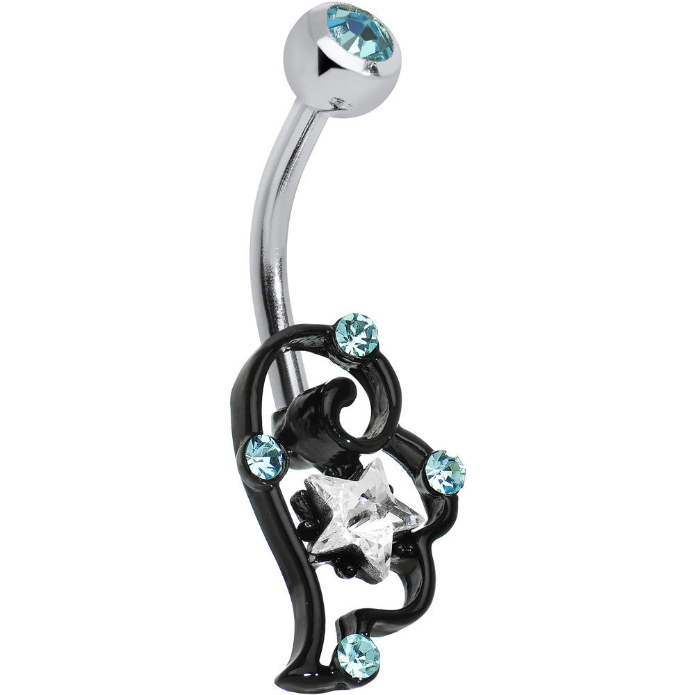Aqua and Clear Gem Star Over Black Puffy Wing Belly Ring