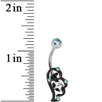 Aqua and Clear Gem Star Over Black Puffy Wing Belly Ring