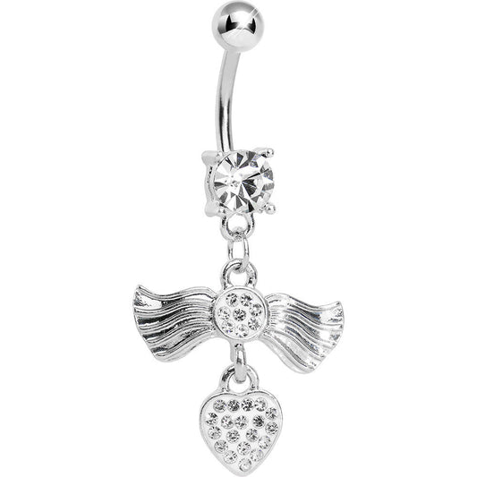 Crystalline Gem Fancy Angel Wings Paved Heart Dangle Belly Ring