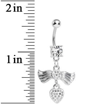 Crystalline Gem Fancy Angel Wings Paved Heart Dangle Belly Ring