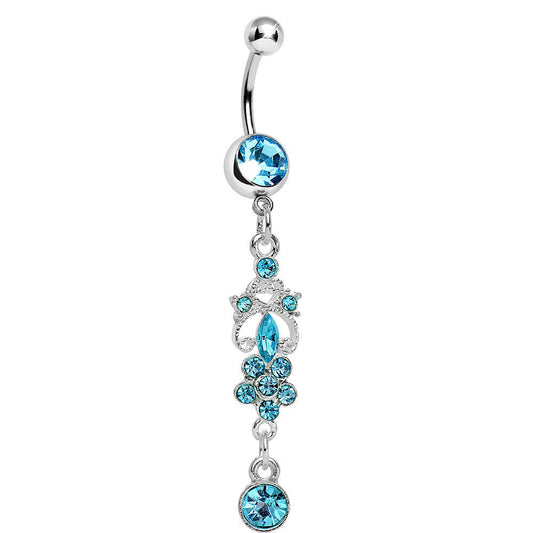 Aqua Gem Antique Scrolls and Flower Dangle Belly Ring