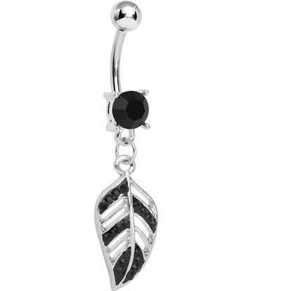 Black Gem Paved Floating Leaf Dangle Belly Ring