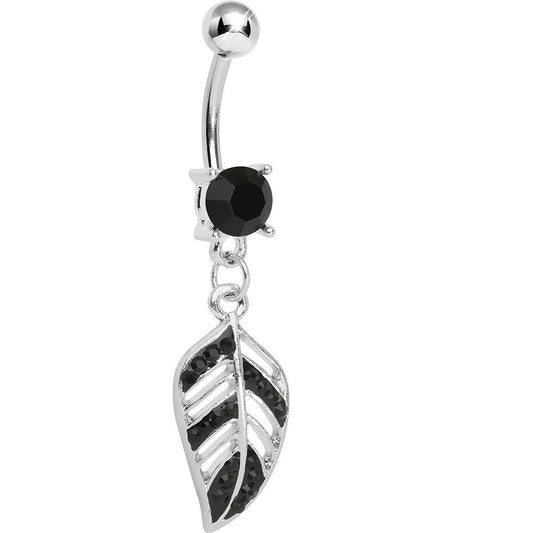 Black Gem Paved Floating Leaf Dangle Belly Ring