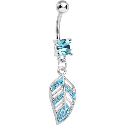 Aqua Gem Paved Floating Leaf Dangle Belly Ring