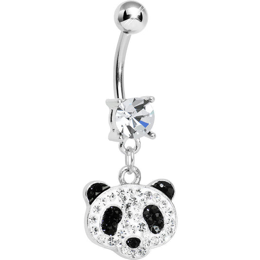Crystalline Black Gem Paved Sweet Panda Head Dangle Belly Ring