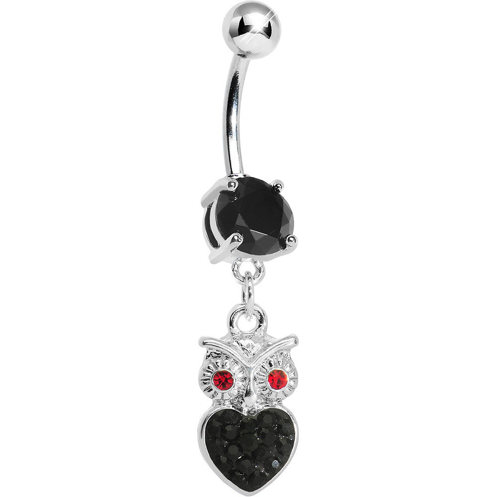 Black Gem and Paved Heart For the Love of Owls Dangle Belly Ring