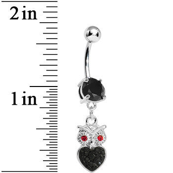 Black Gem and Paved Heart For the Love of Owls Dangle Belly Ring