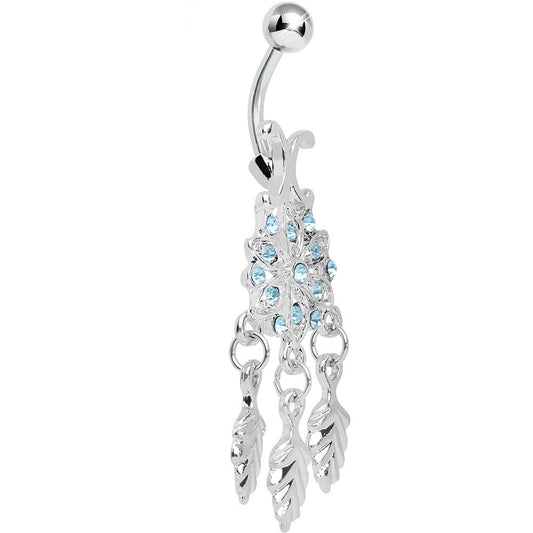 Aqua Gem Leafy Flower Dangle Belly Ring