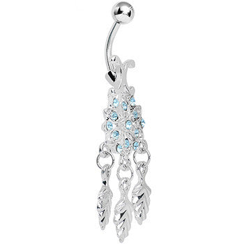 Aqua Gem Leafy Flower Dangle Belly Ring