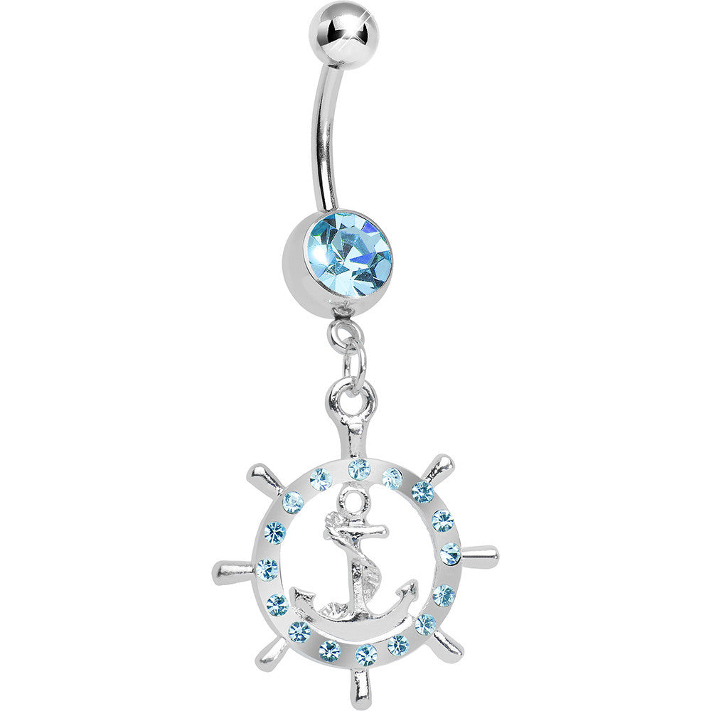 Aqua Gem Ship Wheel and Anchor Dangle Belly Ring