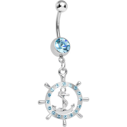 Aqua Gem Ship Wheel and Anchor Dangle Belly Ring
