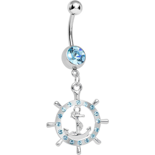 Aqua Gem Ship Wheel and Anchor Dangle Belly Ring