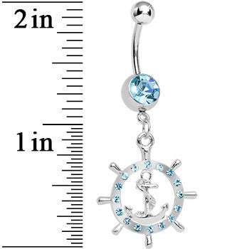 Aqua Gem Ship Wheel and Anchor Dangle Belly Ring