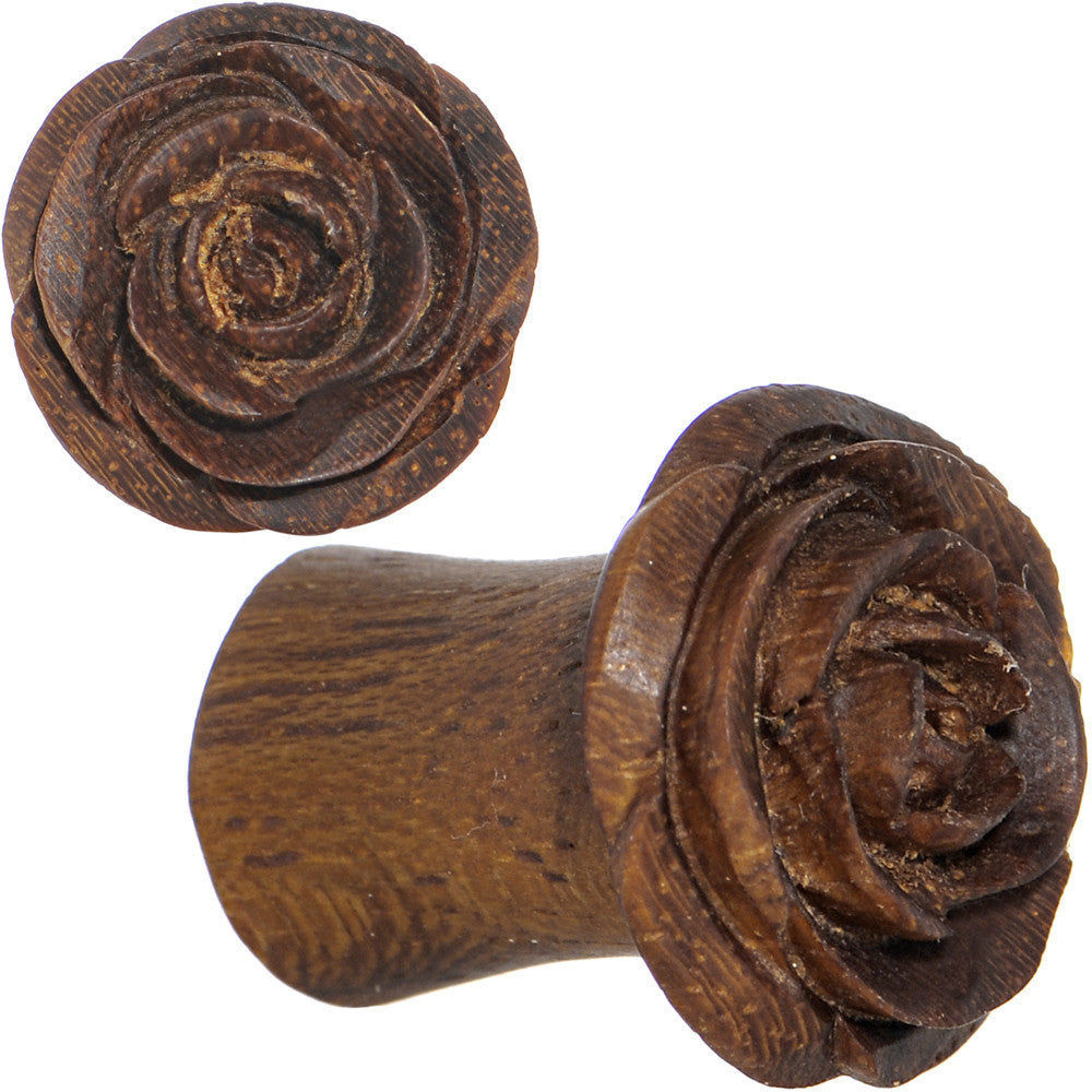 2G Organic Teak Wood Mocha Rosebud Hand Carved Plug Set