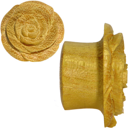 7/8 Organic Jackfruit Wood Yellow Rosebud Hand Carved Plug Set