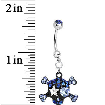 Blue Gem Starry Eyed Skull and Crossbones Dangle Belly Ring