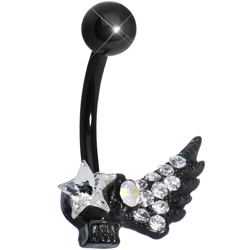 Clear Gem Rock Star Shimmering Wing Black Skull Belly Ring