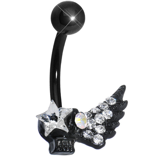 Clear Gem Rock Star Shimmering Wing Black Skull Belly Ring
