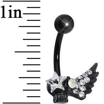Clear Gem Rock Star Shimmering Wing Black Skull Belly Ring