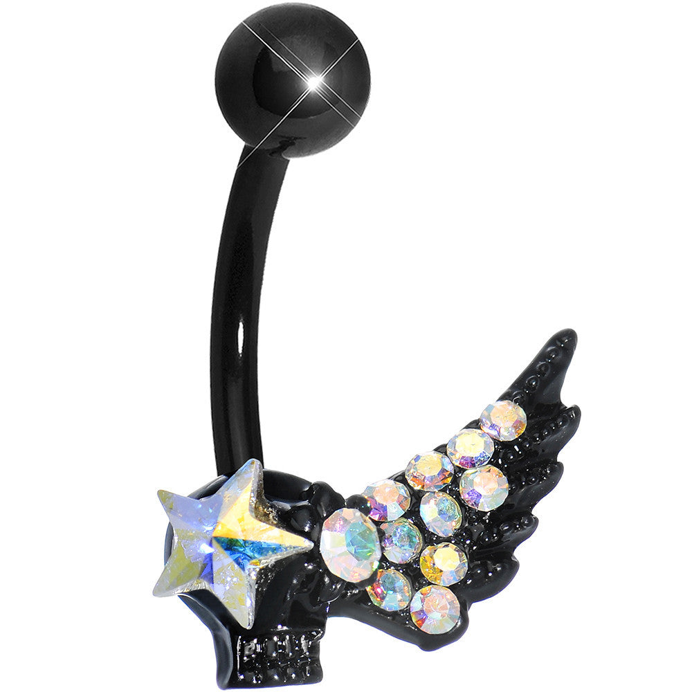 Aurora Gem Rock Star Shimmering Wing Black Skull Belly Ring