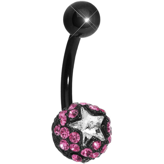 Pink Gem Paved Black La Luna and Clear Star Belly Ring