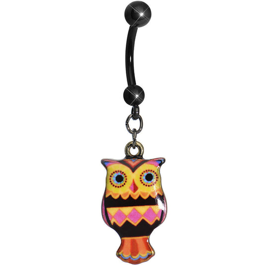 Pink and Yellow Patchwork Artistic Owl Dangle Belly Ring