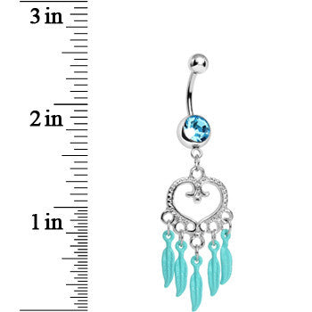 Aqua Gem Heart Full of Dreamcatcher Dangle Belly Ring