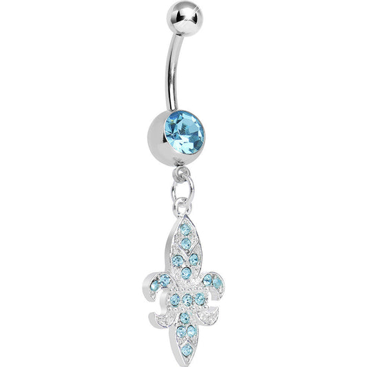Aqua Gem Paved Fleur de Lis Dangle Belly Ring