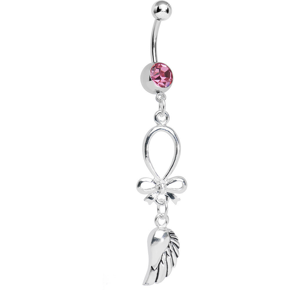 Pink Gem Bowtie with Angel Wing Dangle Belly Ring