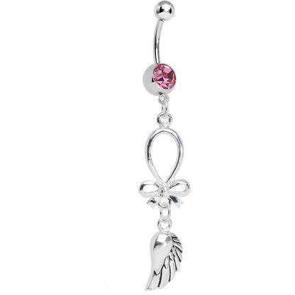 Pink Gem Bowtie with Angel Wing Dangle Belly Ring