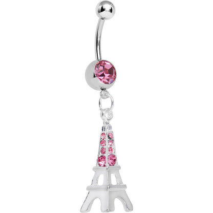 Pink Gem Elegant Eiffel Tower Dangle Belly Ring
