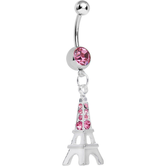 Pink Gem Elegant Eiffel Tower Dangle Belly Ring