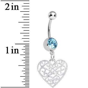 Aqua Gem Filigree Heart Dangle Belly Ring