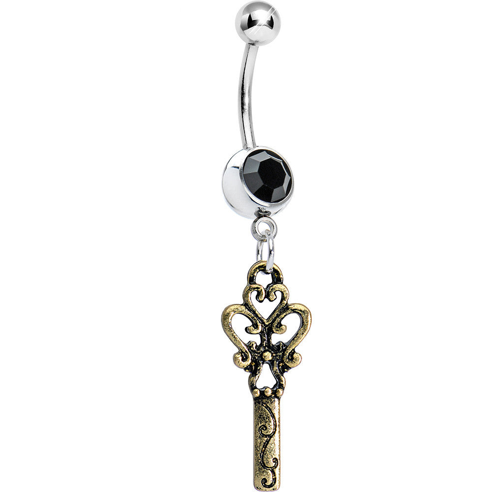 Black Gem Antiqued Bronze Scrolls and Heart Dangle Belly Ring