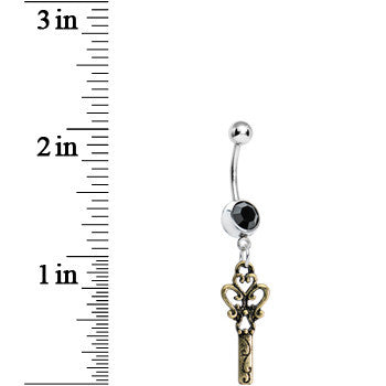 Black Gem Antiqued Bronze Scrolls and Heart Dangle Belly Ring