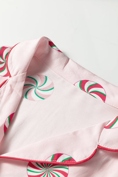 Pink Christmas Candy Contrast Trim Bow Knot Silky 2pcs Pajama Set - Jaico Online Shop