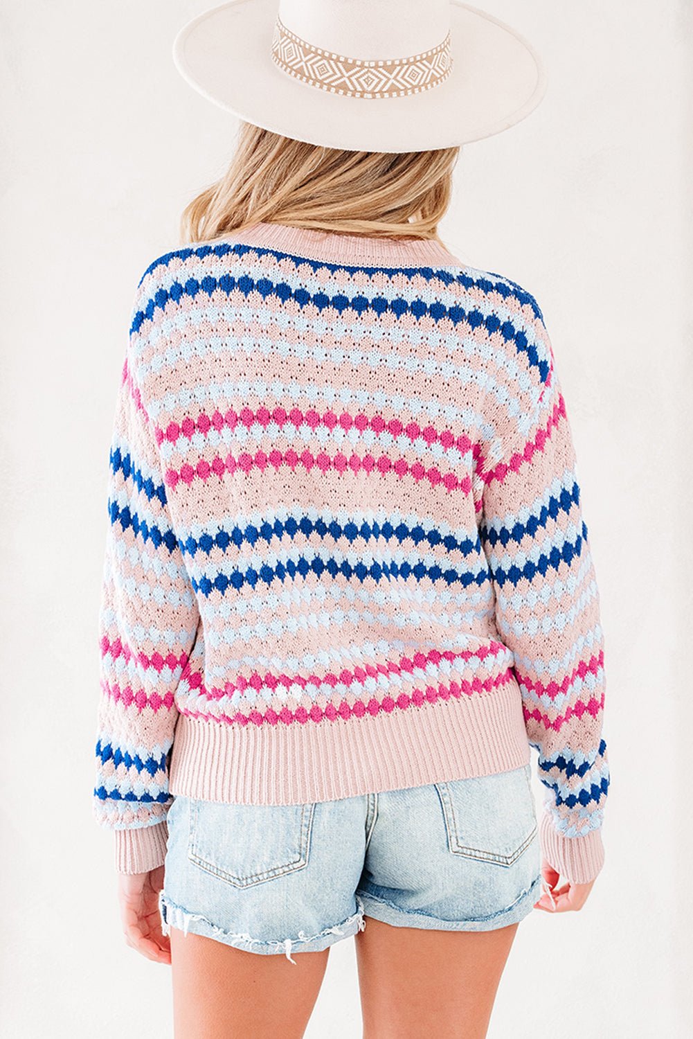 Khaki Stripe Eyelet Patterned Drop Shoulder Sweater - Jaico Online Shop