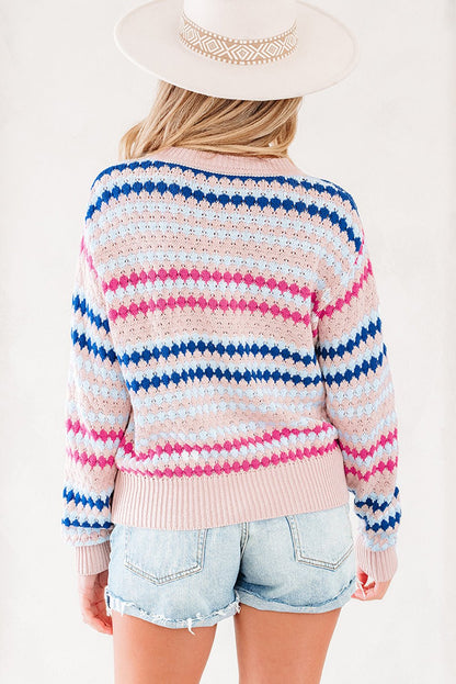 Khaki Stripe Eyelet Patterned Drop Shoulder Sweater - Jaico Online Shop