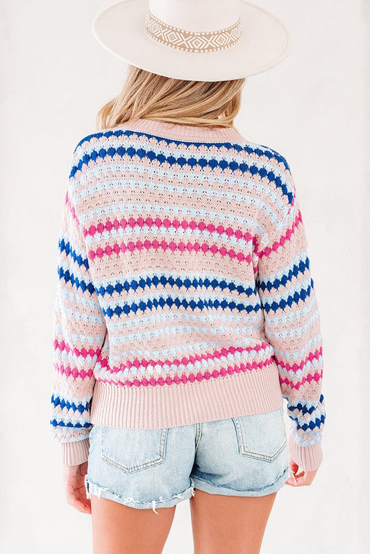 Khaki Stripe Eyelet Patterned Drop Shoulder Sweater - Jaico Online Shop