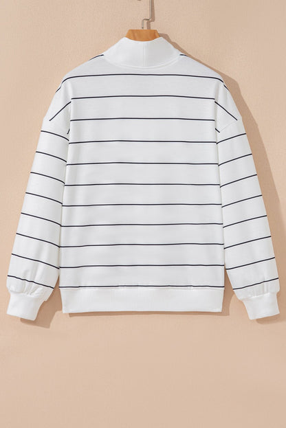 White Zip V Neck Casual Stripe Print Drop Shoulder Long Sleeve Top - Jaico Online Shop